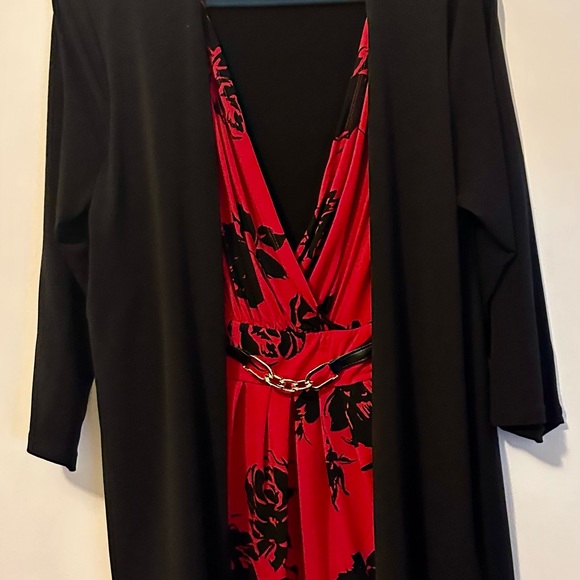Jaclyn Smith Collection XL Red Black Floral Faux Wrap Dress Overlay Cardigan - Picture 4 of 16